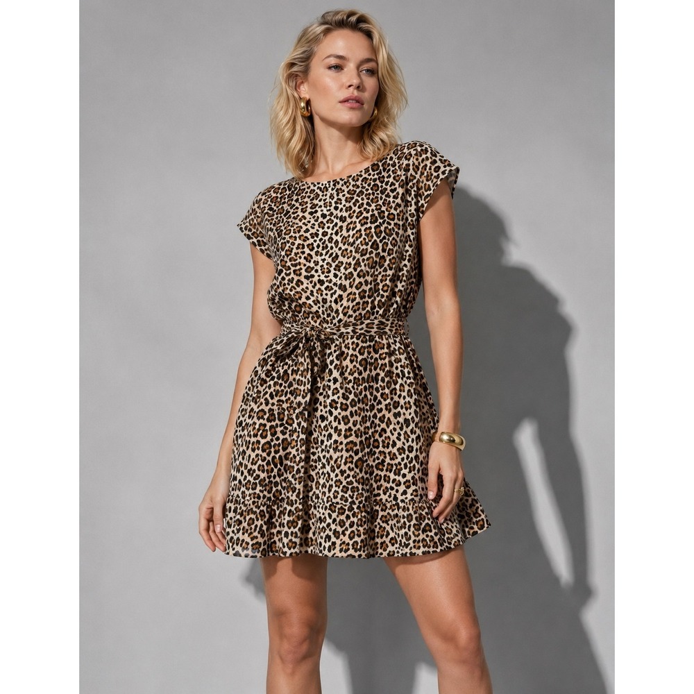 Rebecca Taylor XL Leopard Print 100% Linen Mini Dress Tiered Ruffle Belted Tan